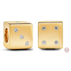 Charm Sterling silver 925 Gold plated cube + artificial zircon, bead on bracelet symbol