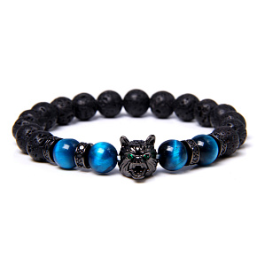 Lava + Tiger eye light blue + Wolf head bracelet elastic natural stone, ball 8 mm / 21 cm