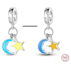 Charm Sterling silver 925 Luminous - Crescent and star that glows in the dark, universe bracelet pendant