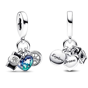 Charm Sterling silver 925 World map in heart, compass, camera 3in1, travel bracelet pendant