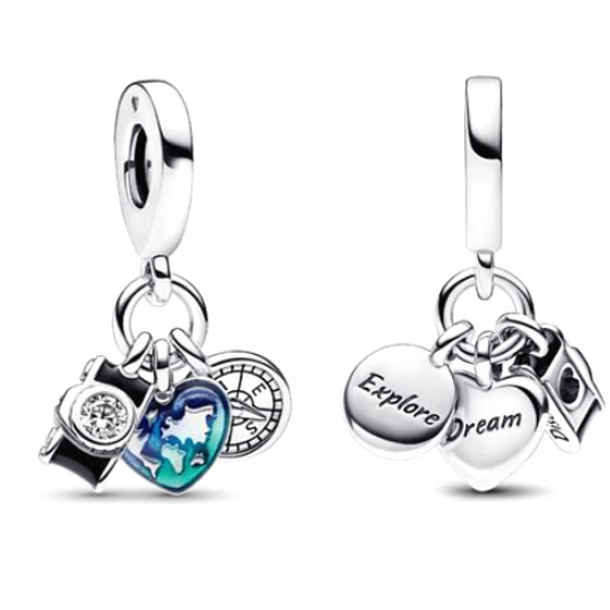 Charm Sterling silver 925 World map in heart, compass, camera 3in1, travel bracelet pendant