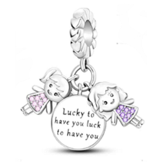 Charm Sterling Silver 925 Siblings Sisters I'm Lucky to Have You 3-in-1, Family Bracelet Pendant