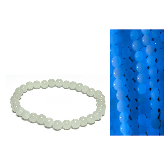 Jade Luminois Light Phosphorescent, blue glow in the dark, bracelet elastic natural stone, bead 6 mm / 16 - 17 cm