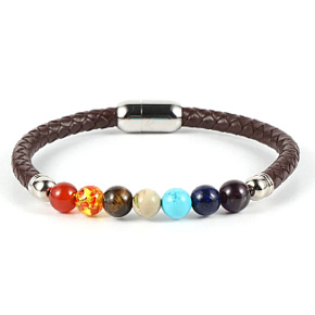 Chakra bracelet natural stone cube, genuine dark brown leather 20 cm with silver-colored clasp