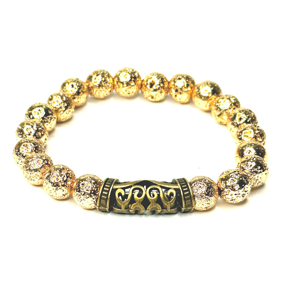 Lava gold color plated bracelet elastic natural stone, bead 8 mm / 16-17 cm, born of the four elements