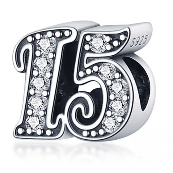 Charm Sterling silver 925 15 anniversary, bead on bracelet