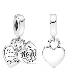 Charm Sterling silver 925 Padlock, heart and rose, love bracelet pendant