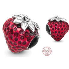 Sterling silver 925 Strawberry with grains, bead for bracelet, food and drink