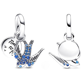 Charm Sterling silver 925 Sparkling Swallow and quote, 2in1 animal bracelet pendant