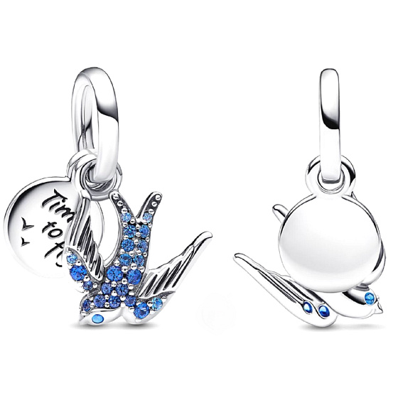 Charm Sterling silver 925 Sparkling Swallow and quote, 2in1 animal bracelet pendant