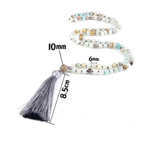 108 Mala Amazonite necklace, meditation jewellery, natural stone, grey tassel 8,5 cm, bead 6 mm