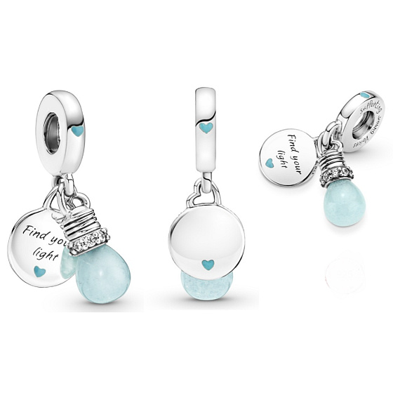 Sterling Silver 925 Luminescent - Glow in the Dark Bulb - Find Your Light, Changing Colors 2in1 Pendant Bracelet Symbol