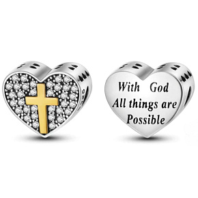 Sterling silver 925 Religious charms Heart, cross, God of possibilities, bead for bracelet