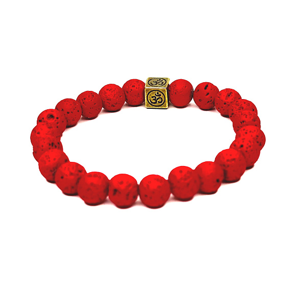 Lava bright red with royal mantra Om, bracelet elastic natural stone, bead 8 mm / 16-17 cm, born of the four elements