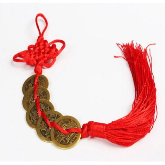 5 Chinese Copper Coins, Feng Shui Harmony Knot, Ancient I Ching, Protection, Prosperity