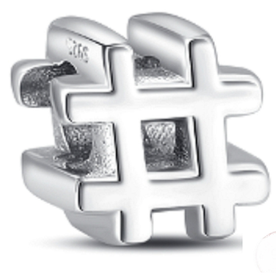 Charm Sterling silver 925 Hashtag, bead on bracelet symbol