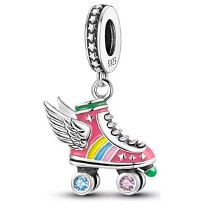Charm Sterling silver 925 Roller skates with disco style wings, pendant on bracelet interests
