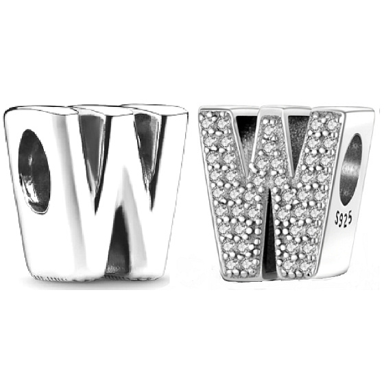 Charm Sterling silver 925 Alphabet letter W, bead for bracelet