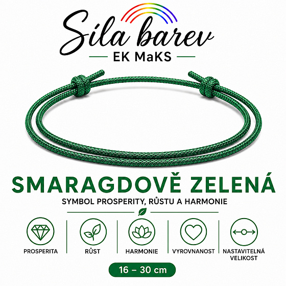 Šňůrkový náramek Síla barev – Smaragdově zelená | Symbol prosperity, růstu a harmonie | nastavitelný 16 - 30 cm
