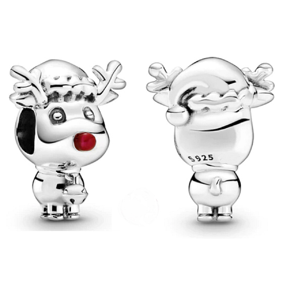 Sterling silver 925 Rudolph with red reindeer nose, bead for Christmas bracelet