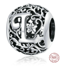 Sterling silver 925 Magic alphabet letter L with flowers, bead for bracelet
