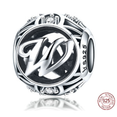 Sterling silver 925 Magic alphabet letter W + cubic zirconia, bead for bracelet