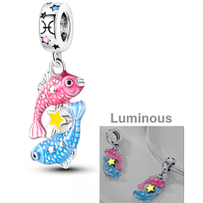 Sterling Silver 925 Luminous - Sign of the Zodiac Pisces, Bracelet Pendant Sterling Silver 925 Luminous - Sign of the Zodiac Pisces, Bracelet Pendant