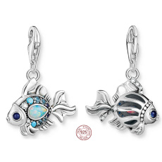Charm Sterling silver 925 Fish with blue rhinestones, lobster clasp animal bracelet pendant