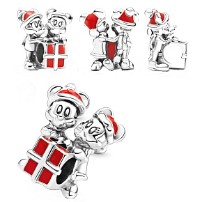 Charm Sterling silver 925 Disney Mickey Mouse, Minnie Mouse and gift, bead on bracelet Christmas
