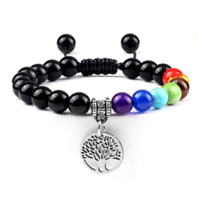 Chakra bracelet Tree of Life + Obsidian, natural stone, hand knitted, adjustable size, 8 mm ball, rescue stone