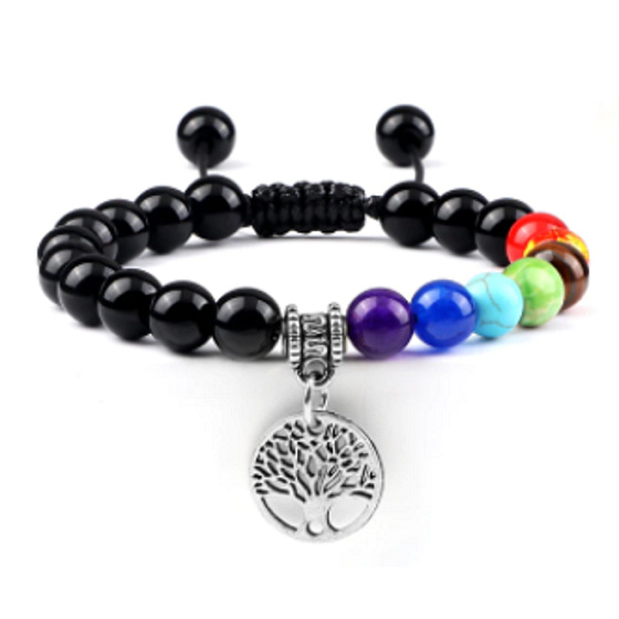 Chakra bracelet Tree of Life + Obsidian, natural stone, hand knitted, adjustable size, 8 mm ball, rescue stone