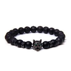Lava black + Wolf's head bracelet elastic natural stone, ball 8 mm / 21 cm, born of the four elements