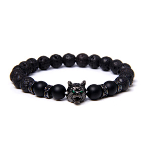 Lava black + Wolf's head bracelet elastic natural stone, ball 8 mm / 21 cm, born of the four elements