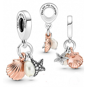 Charm Sterling Silver 925 Starfish, Shell, Freshwater Pearl, 3-in-1 Bracelet Pendant, Sea