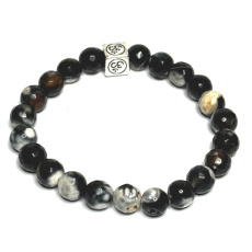 Agate black and white lace facet with royal mantra Ohm bracelet elastic natural stone, ball 8 mm / 16-17 cm, brings success to life