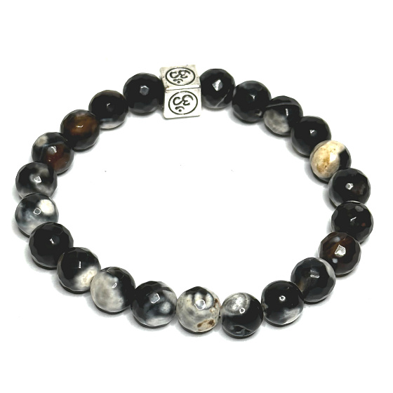 Agate black and white lace facet with royal mantra Ohm bracelet elastic natural stone, ball 8 mm / 16-17 cm, brings success to life