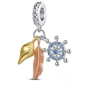 Charm Sterling Silver 925 Protective Amulet, Anchor, Feather, Shell 3-in-1, Sea Bracelet Pendant