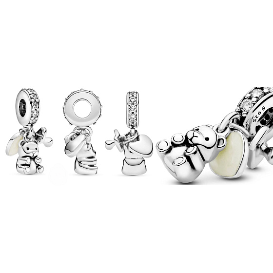 Charm Sterling Silver 925 Plush Baby Bear 3in1, Bracelet Pendant Family