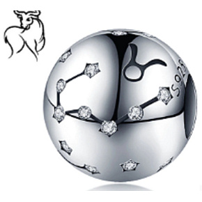 Taurus zodiac sign, pendant for bracelet silver + cubic zirconia, ball 9 mm 1 piece