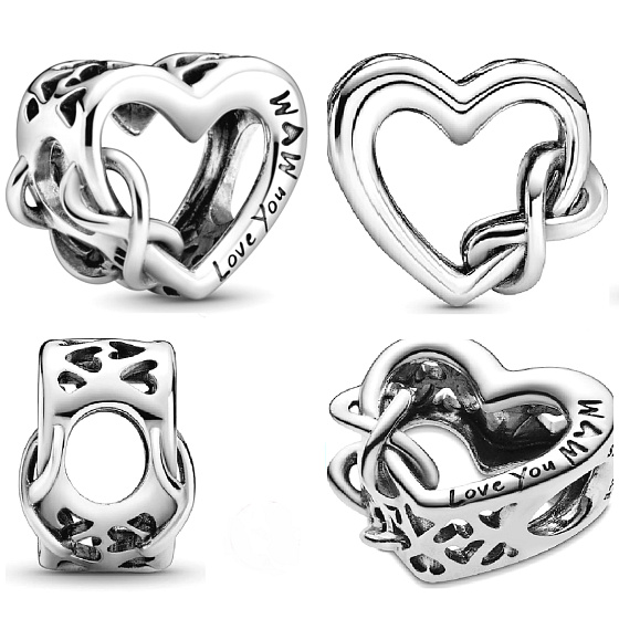 Charm Sterling silver 925 Heart and infinity Love You Mum, bead on bracelet family