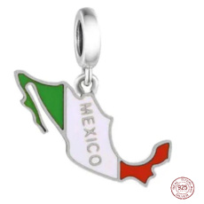 Charm Sterling Silver 925 Mexico Flag - Swinging Map, Travel Bracelet Pendant