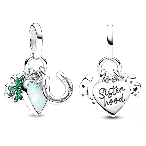 Charm Sterling silver 925 Sister four-leaf clover for luck, heart and horseshoe 3in1, pendant on bracelet family