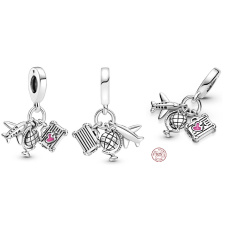 Sterling silver 925 Around the world, plane, globe and suitcase, 3in1 travel bracelet pendant