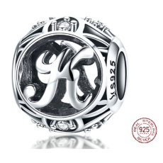 Sterling silver 925 Magic alphabet letter K with flowers, bead for bracelet