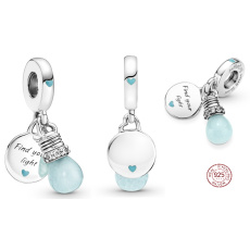 Sterling Silver 925 Luminescent - Glow in the Dark Bulb - Find Your Light, Changing Colors 2in1 Pendant Bracelet Symbol