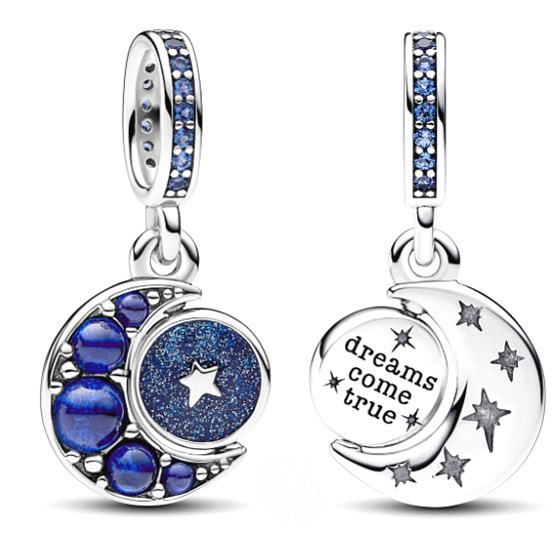 Charm Sterling silver 925 Half moon with royal blue, starry blue and light blue crystal, universe bracelet pendant