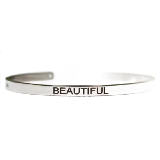 Stainless steel bracelet silver with engraving Beautiful, open cuff, 4 mm