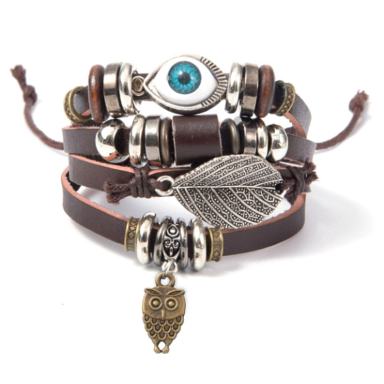 Leather multi-layer bracelet, blue eye + owl symbol, adjustable size