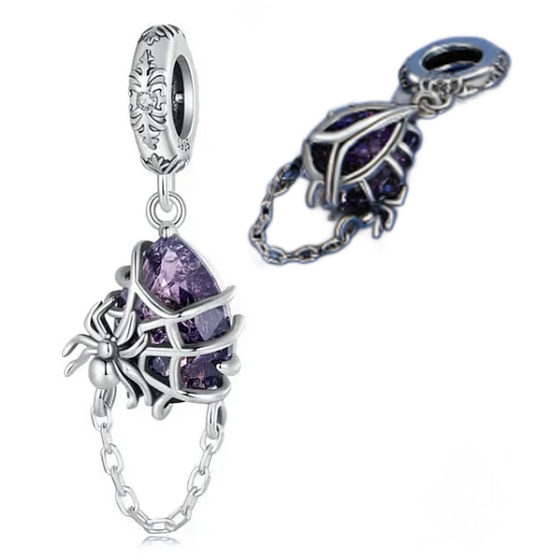 Charm Sterling Silver 925 Spider Web with Spider, Pendant for Bracelet Halloween