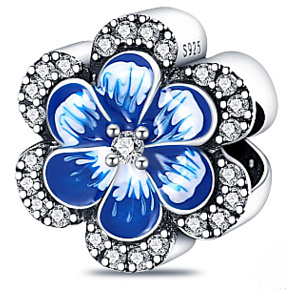 Sterling silver 925 Blue pansy + cubic zirconia, bead for bracelet nature